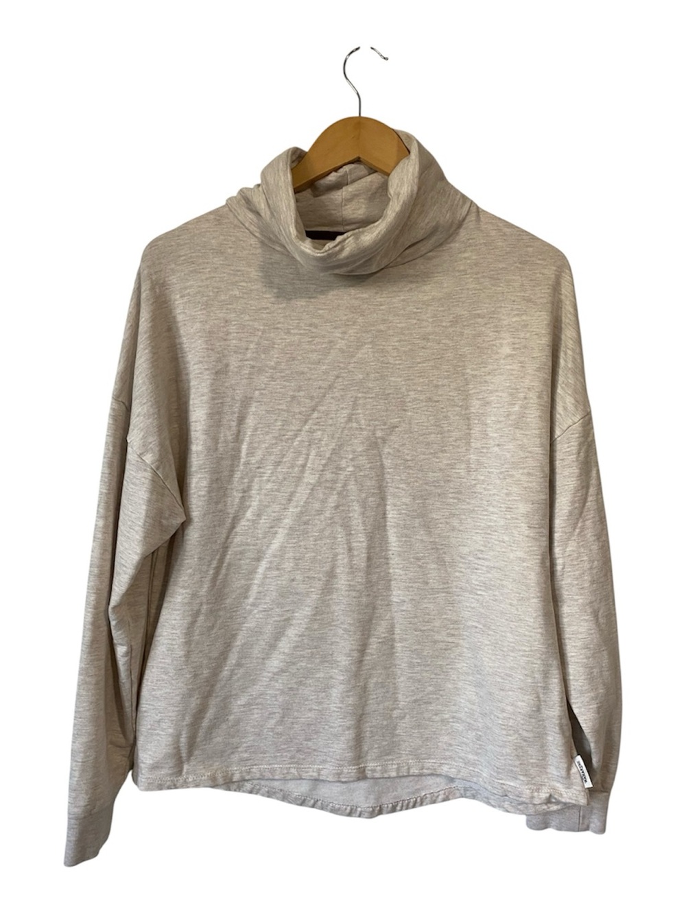 Wanakome cowl-neck pullover sweatshirt in an oatmeal/cream heathered shade M
